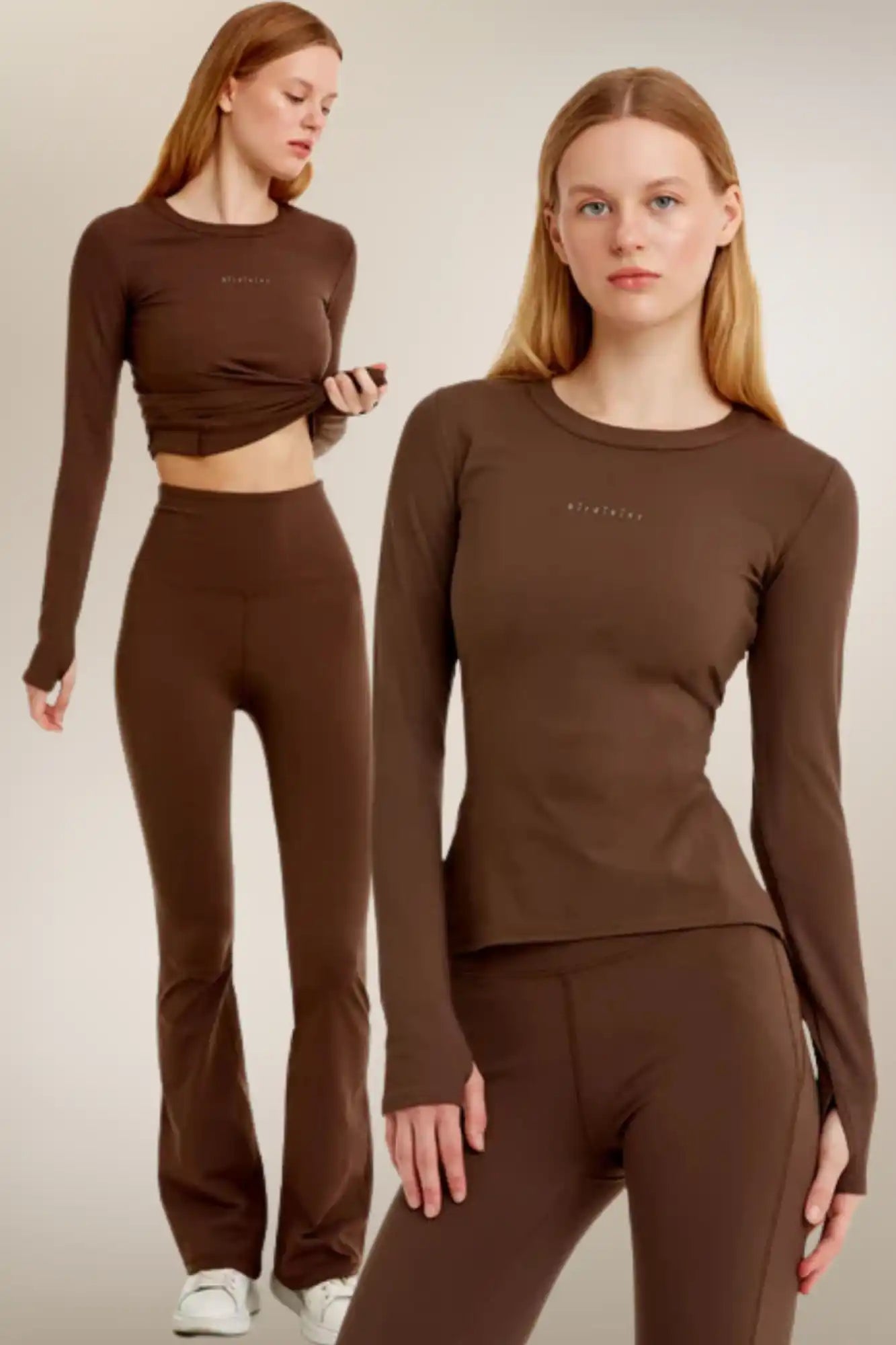 Kahverengi spor giyim seti.